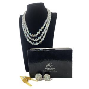 Vtg Laguna Aurora AB Necklace & Earring Jewelry Set Triple Strand Crystal + Box